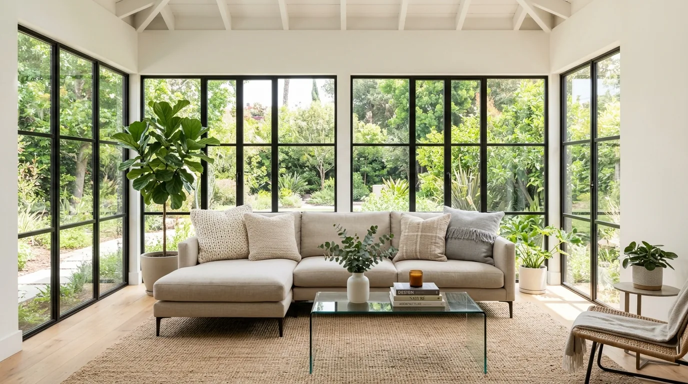 Modern sunroom with neutral beige sectional sofa