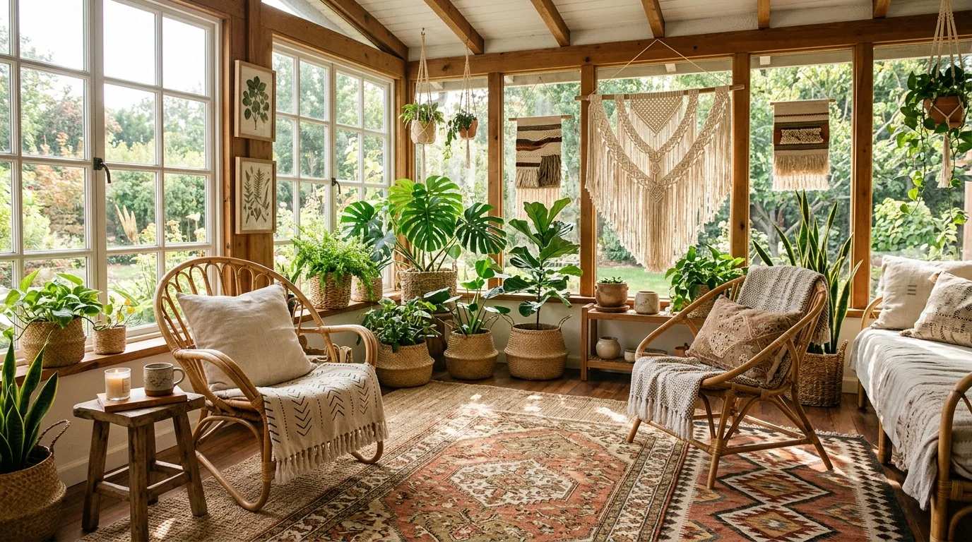 Boho sunroom with rattan chairs