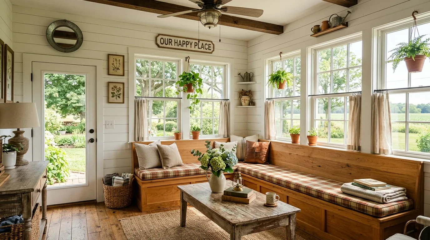 Farmhouse style sunroom with white shiplap walls