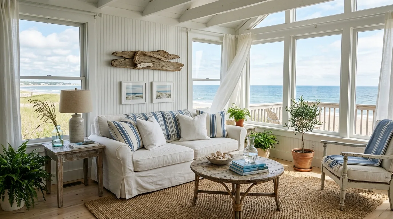 Coastal sunroom with white slipcovered sofa