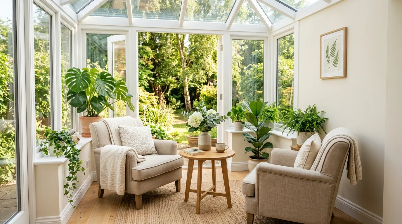 Small compact sunroom with two upholstered armchairs and a round wooden table