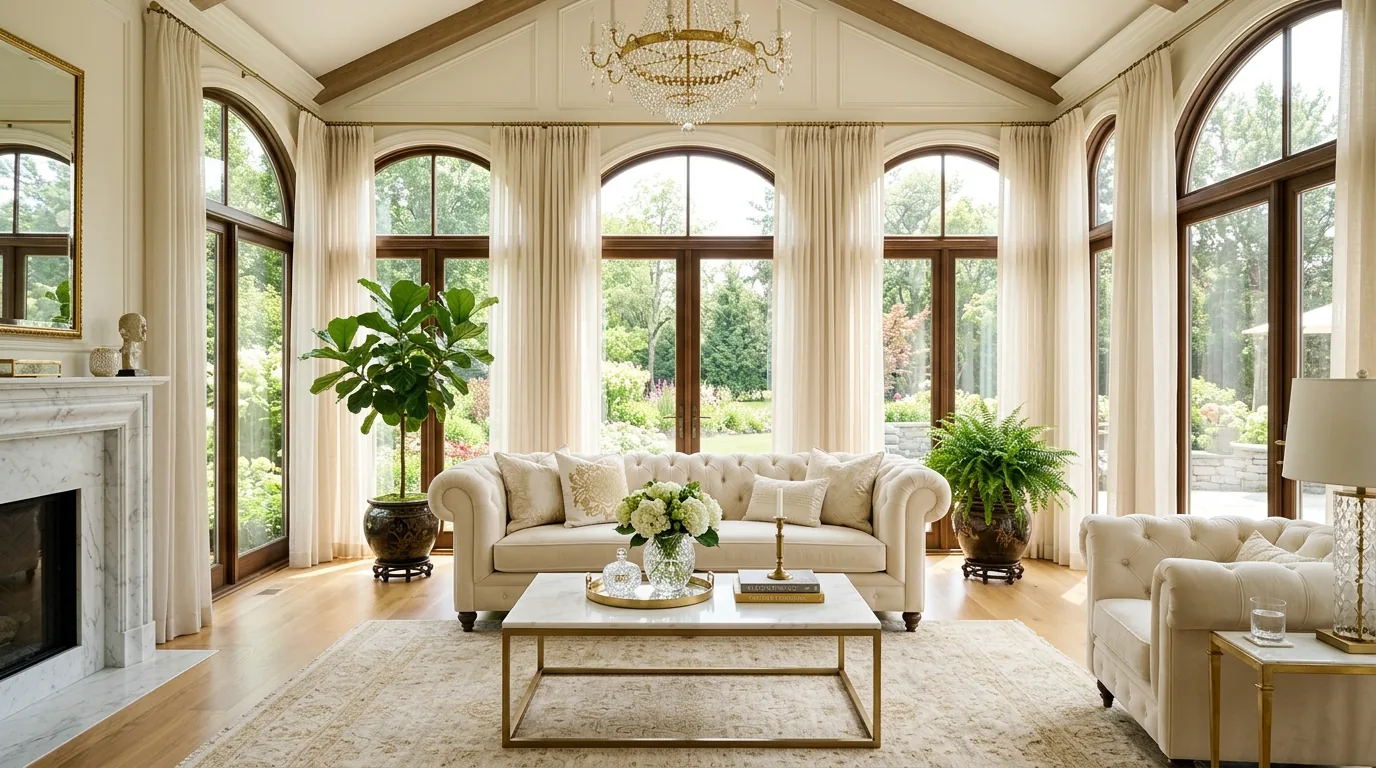 Elegant sunroom with tufted cream sofa