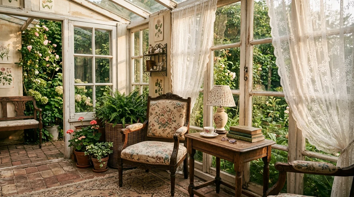 Vintage inspired sunroom with antique wooden furniture