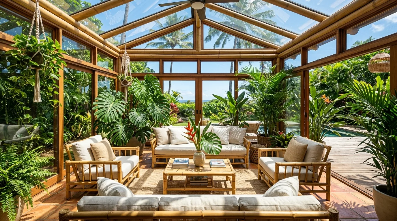 Tropical sunroom with bamboo furniture