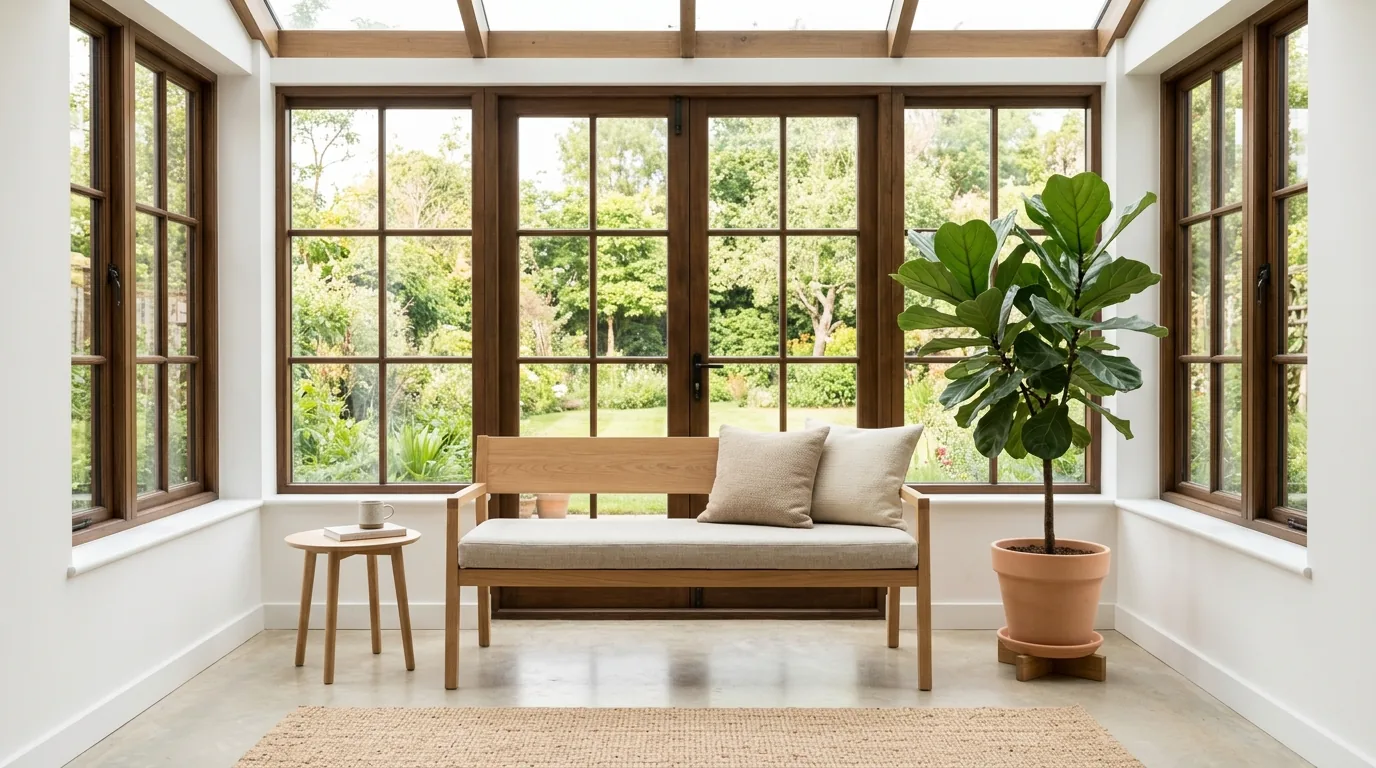 Minimalist sunroom with clean white walls