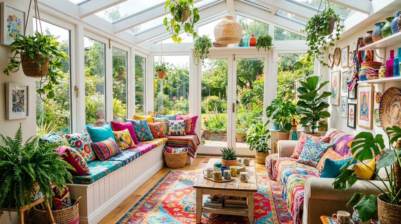 Colorful sunroom with vibrant cushions in mixed patterns