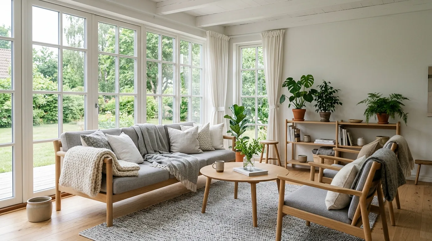 Scandinavian sunroom with light wood furniture