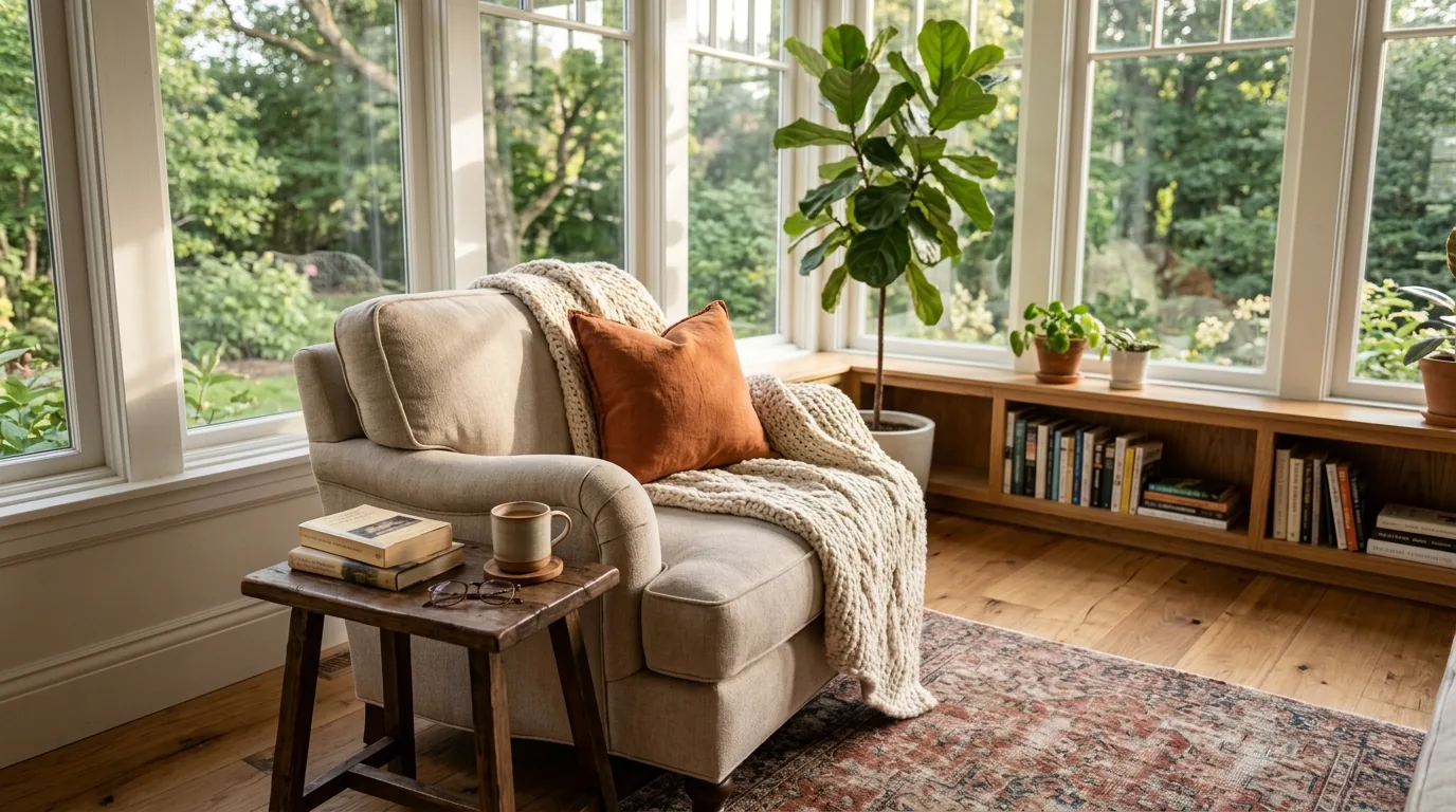 Cozy reading sunroom with plush armchair