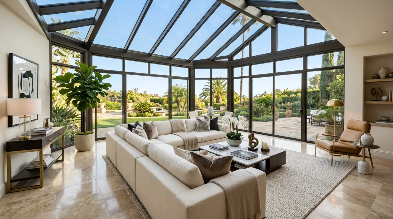Luxury sunroom with large sectional sofa