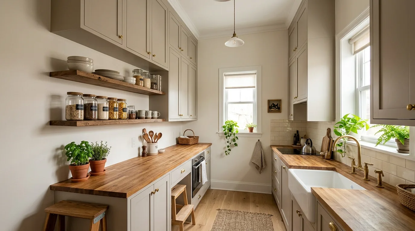 Tiny galley kitchen with glossy backsplash reflecting daylight