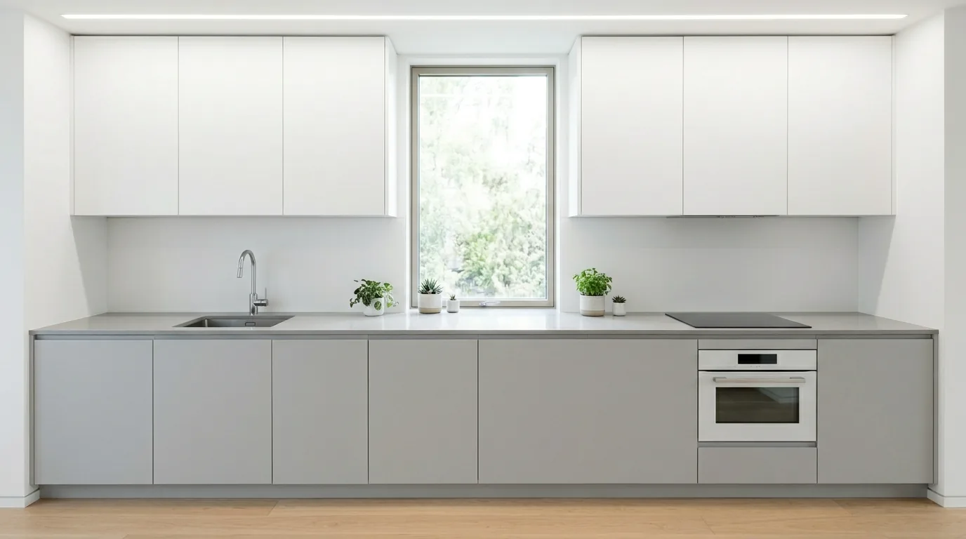 Small kitchen featuring a narrow movable island cart