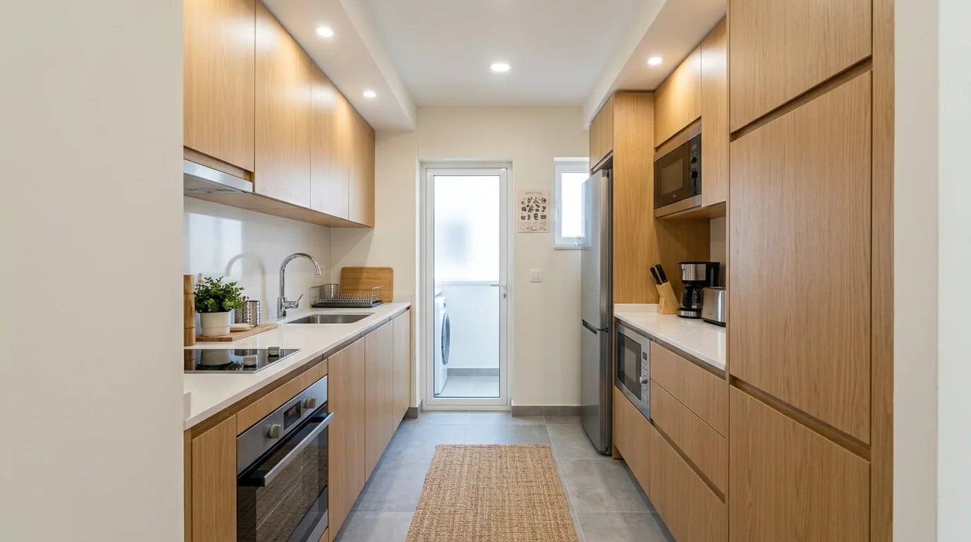 Apartment kitchen with floor to ceiling pantry cabinet