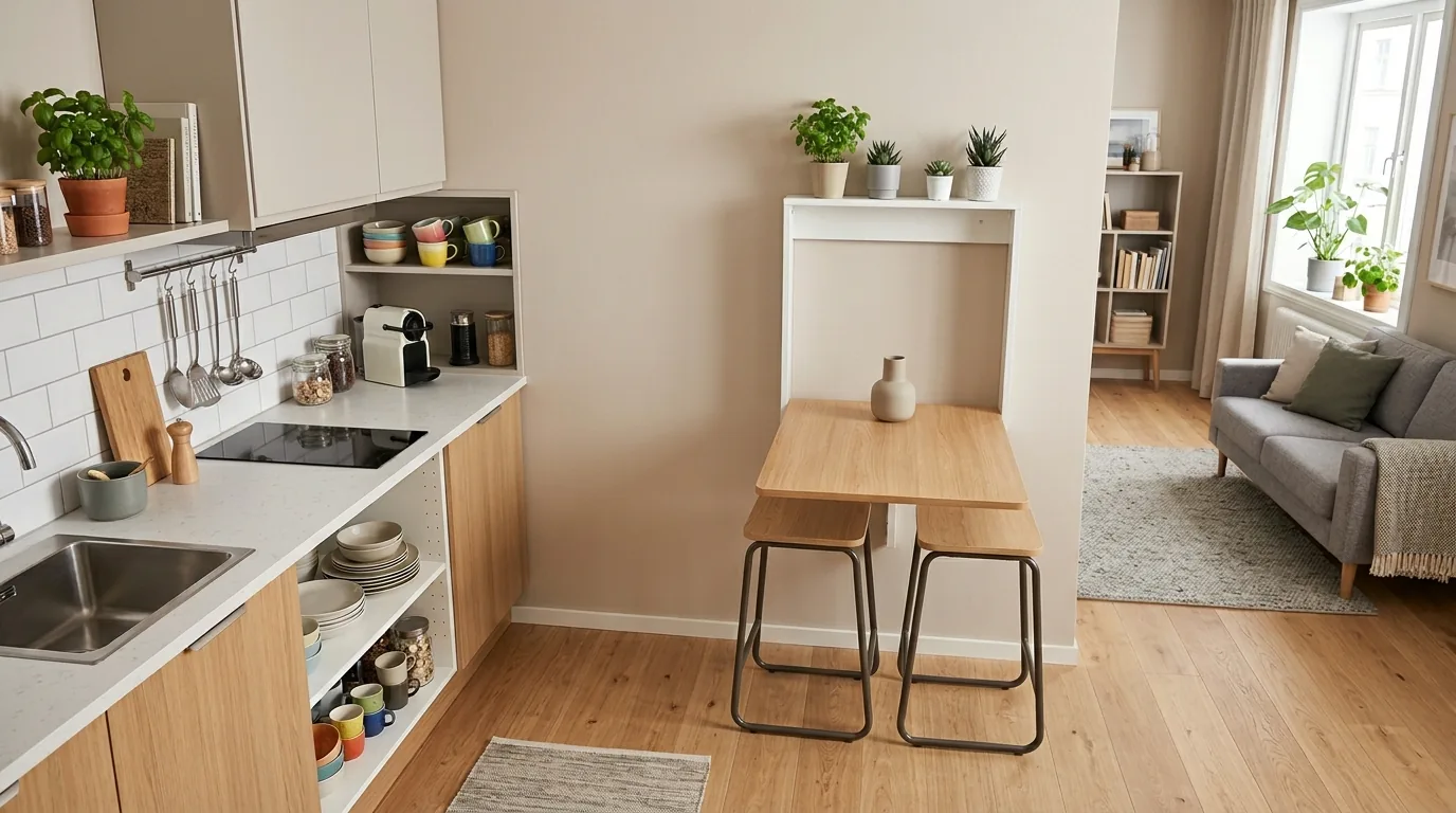 Corner kitchen with floating shelves instead of upper cabinets