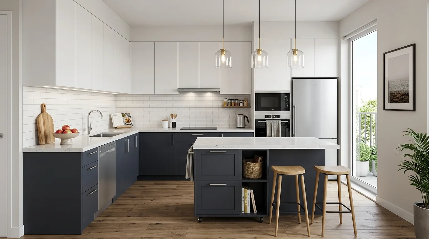 Compact kitchen with slimline appliances and panel ready dishwasher