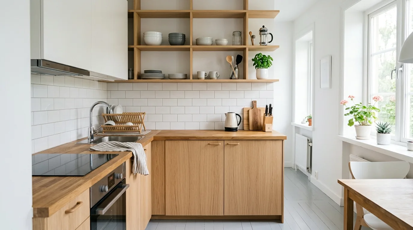 L shaped tiny kitchen with deep lower drawers