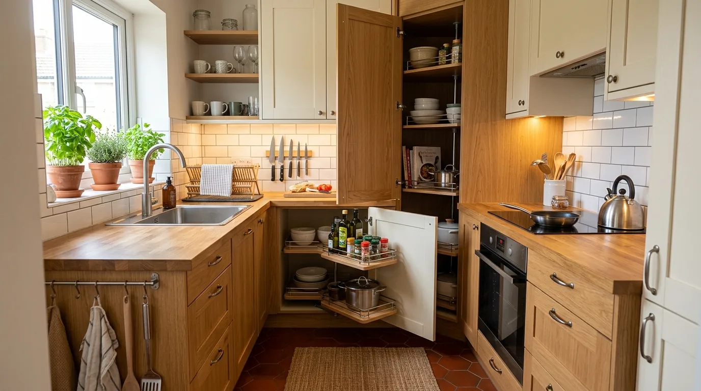 All white small kitchen with mirrored backsplash accent