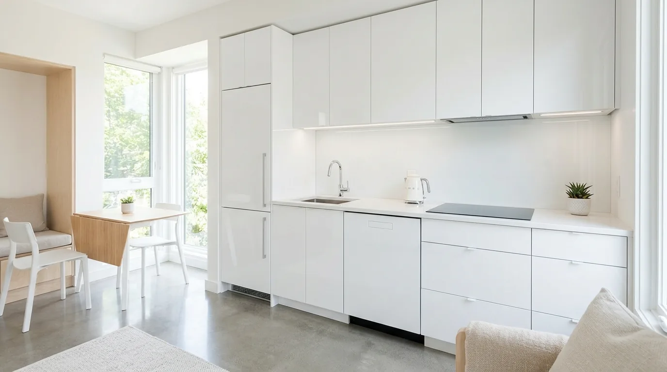 Small Scandinavian kitchen with light oak fronts