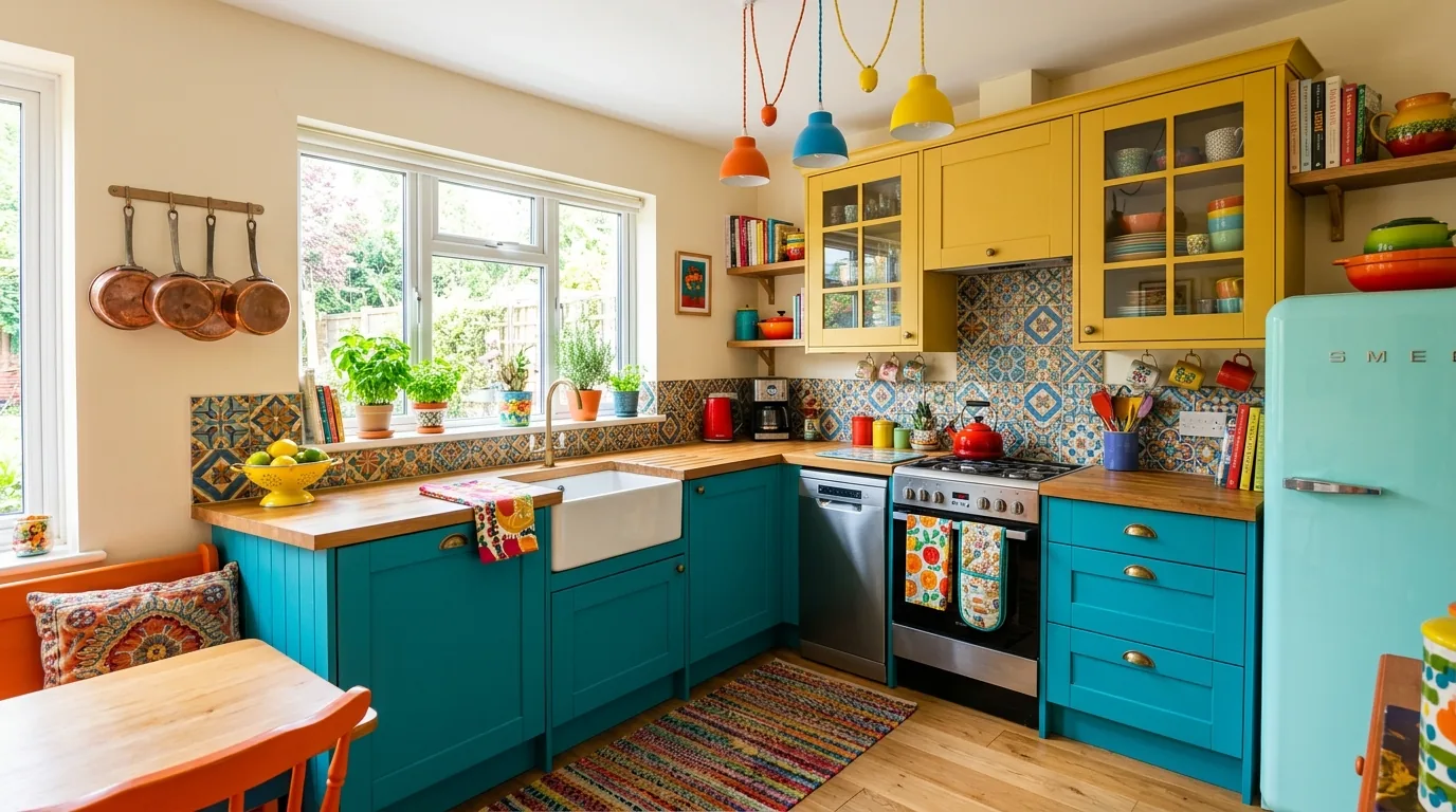 Narrow kitchen with glass cabinet inserts
