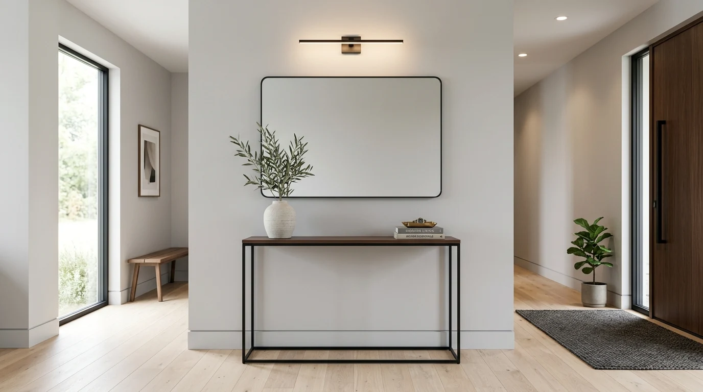 Entryway with black and white patterned floor tile and brass pendant lighting