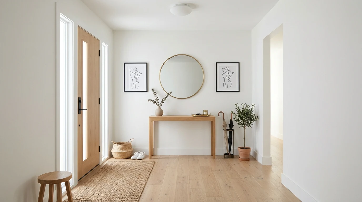 Narrow entrance hall with tall mirror and hidden shoe cabinet