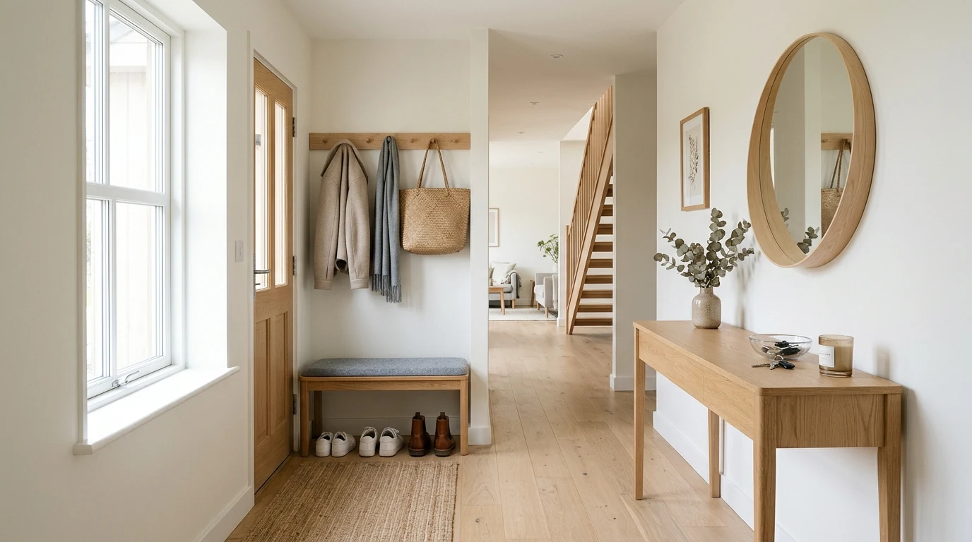 Modern entrance with floating shelf
