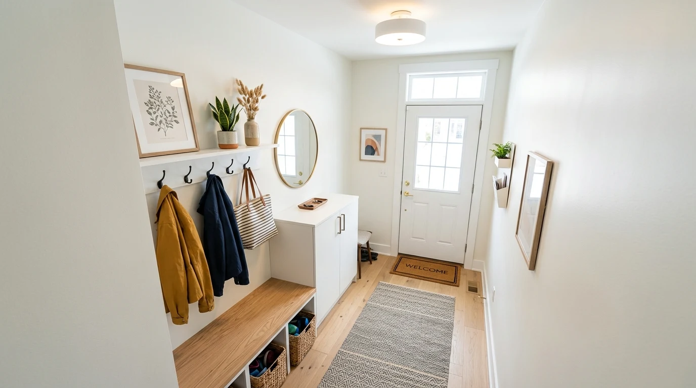 Farmhouse foyer with woven baskets