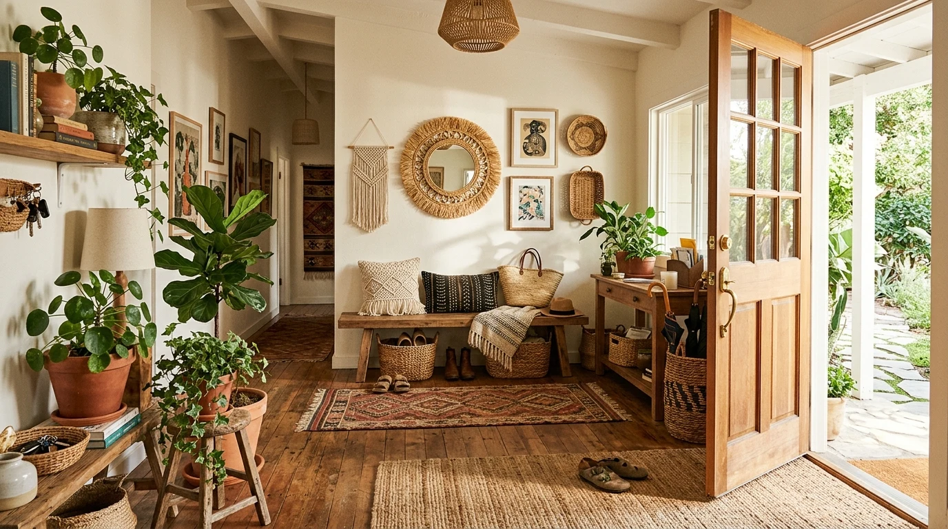 Moody entryway with dark painted walls and warm picture lighting