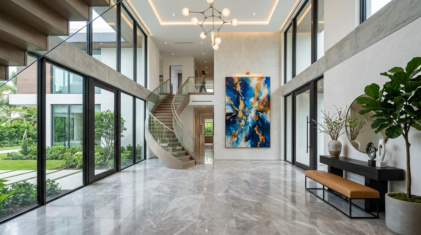 Cinematic entrance hall with double doors