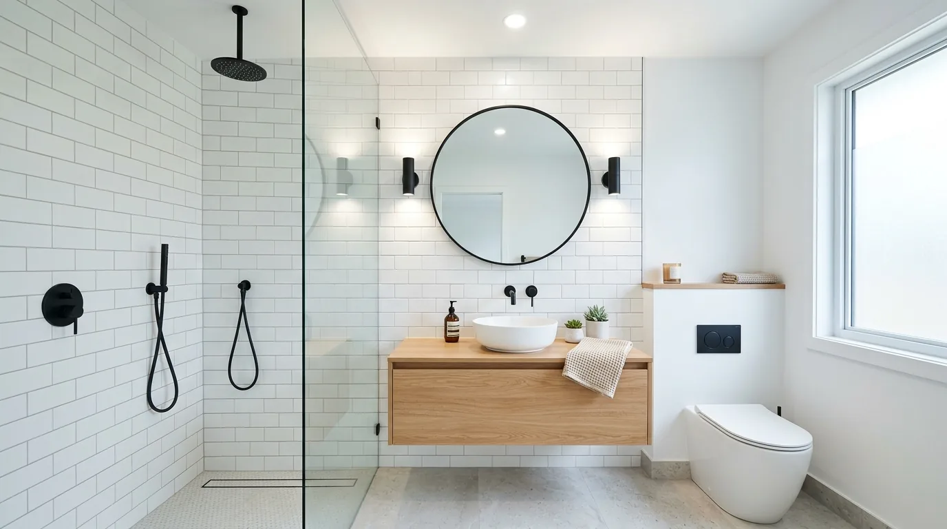 Bathroom remodel with floating vanity and walk in shower