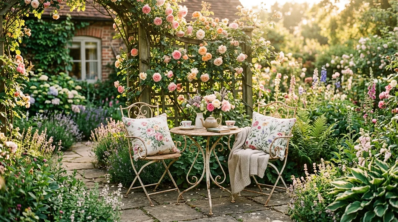 Cottage garden with painted gate and climbing roses