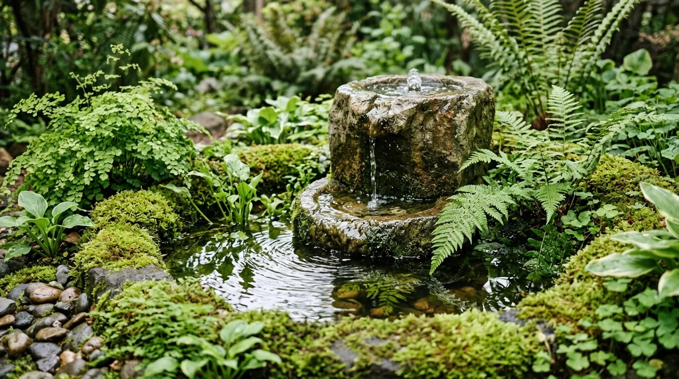 Small garden with birdbath centerpiece and layered flowers