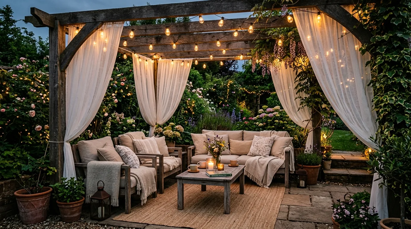 Garden fence with hanging baskets and trailing blooms