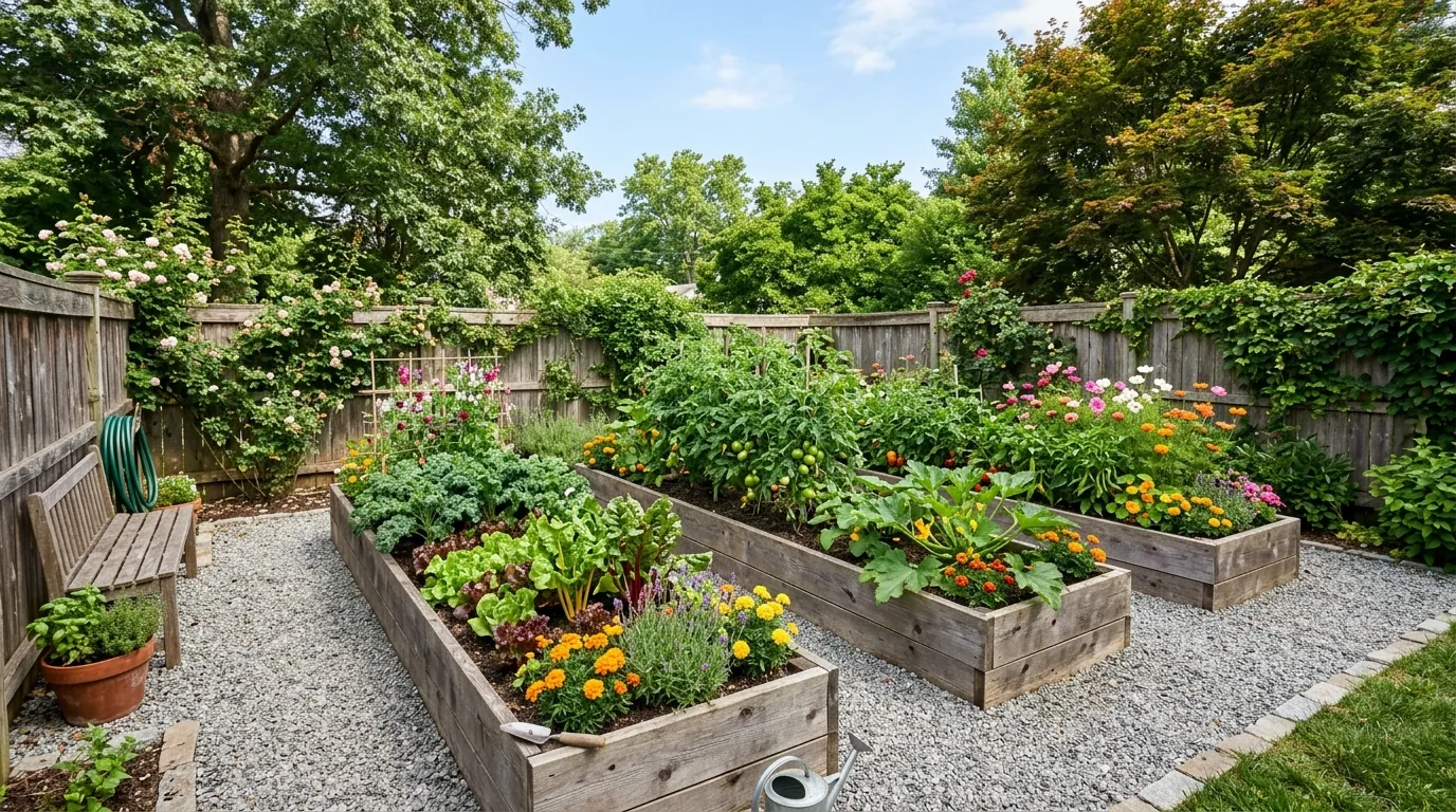 Woodland garden with small bench under tree canopy