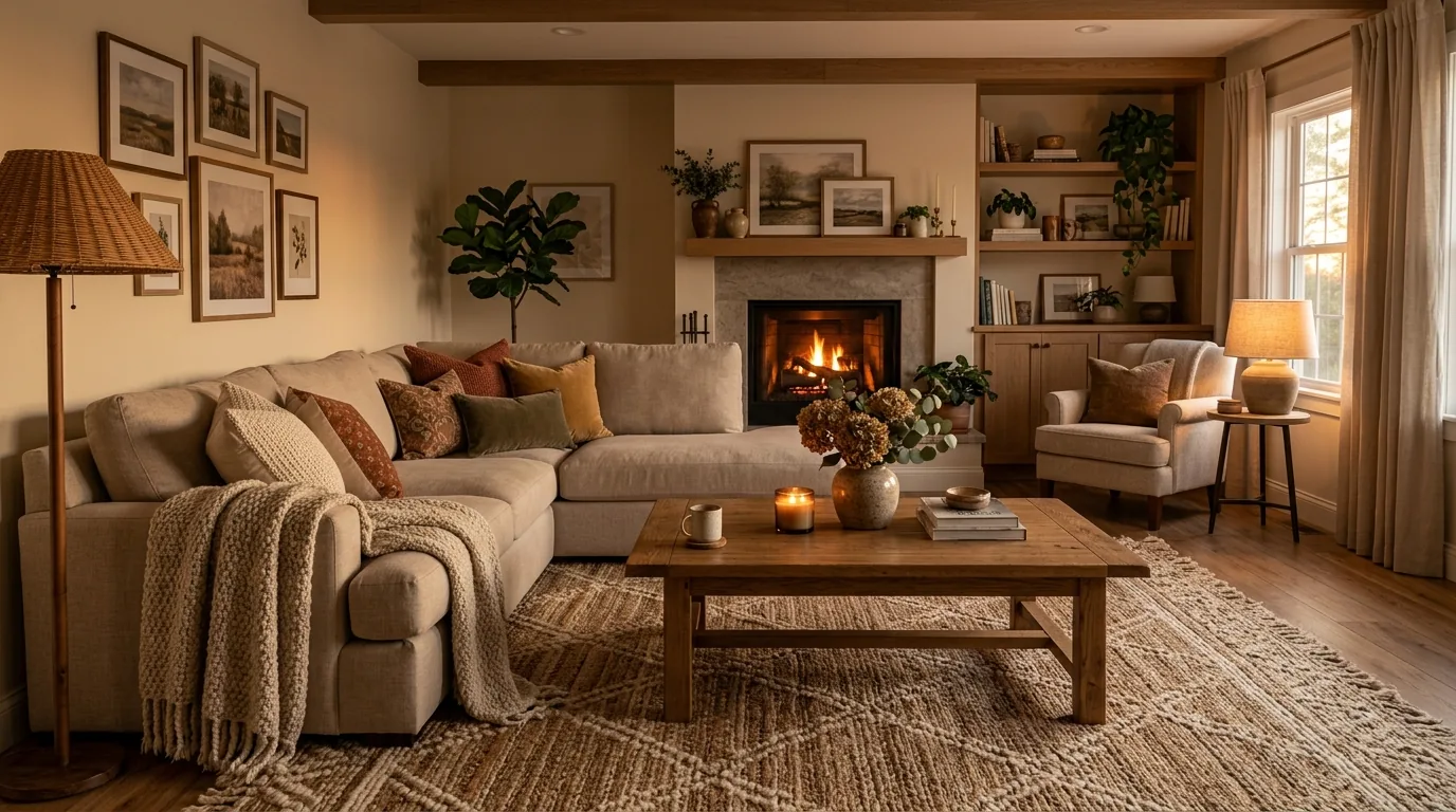 Family room with washable fabrics and generous rug