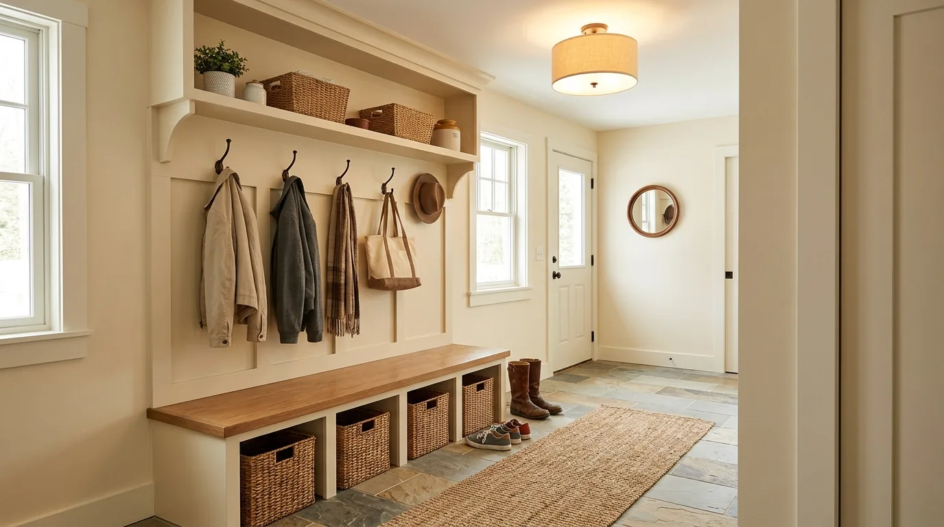 Guest suite with simple storage and soft bedding
