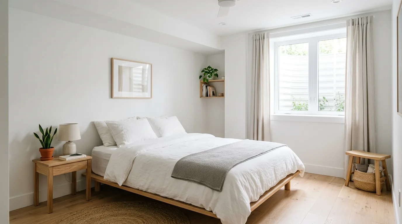 Guest basement suite with cozy bed nook and compact dresser