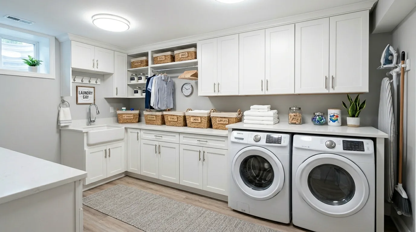 Laundry basement upgraded with folding counter and closed cabinets