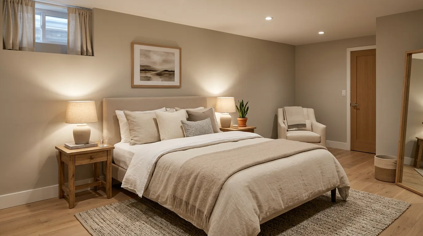 Basement reading lounge with bookshelves and upholstered chairs