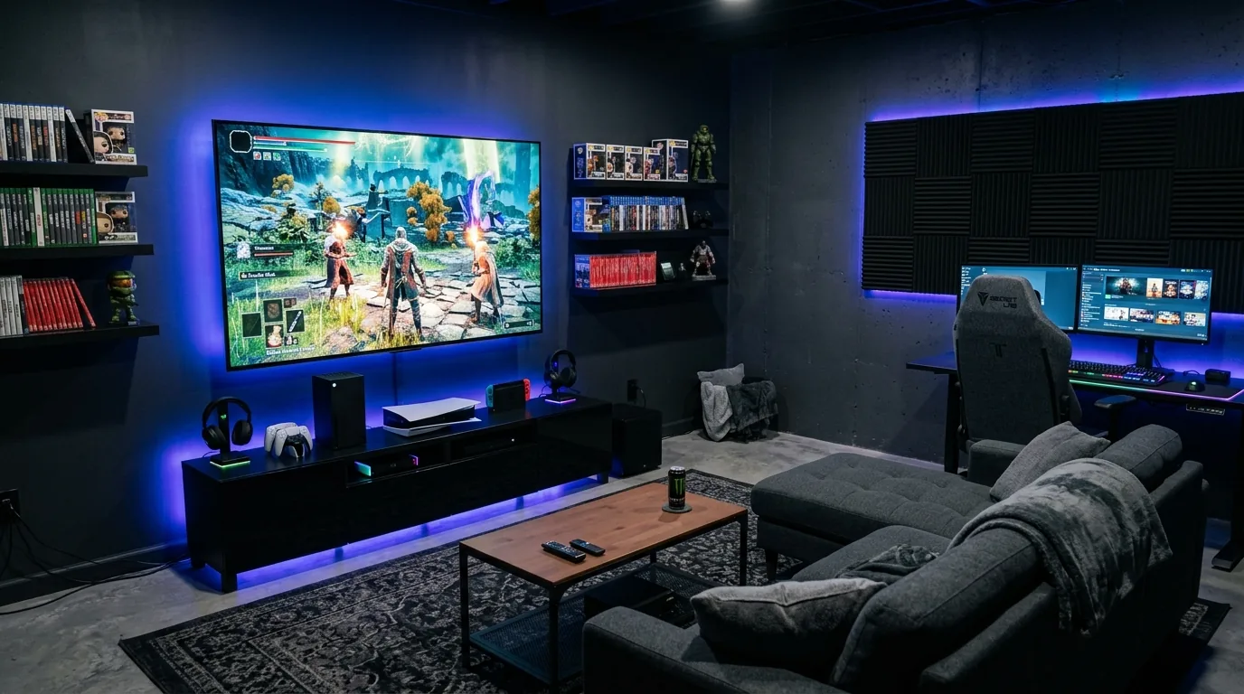 Modern basement with light flooring and white walls to brighten low ceiling