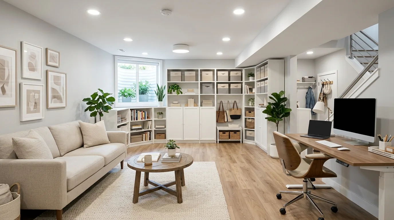Multi purpose basement with sliding doors separating guest and lounge areas