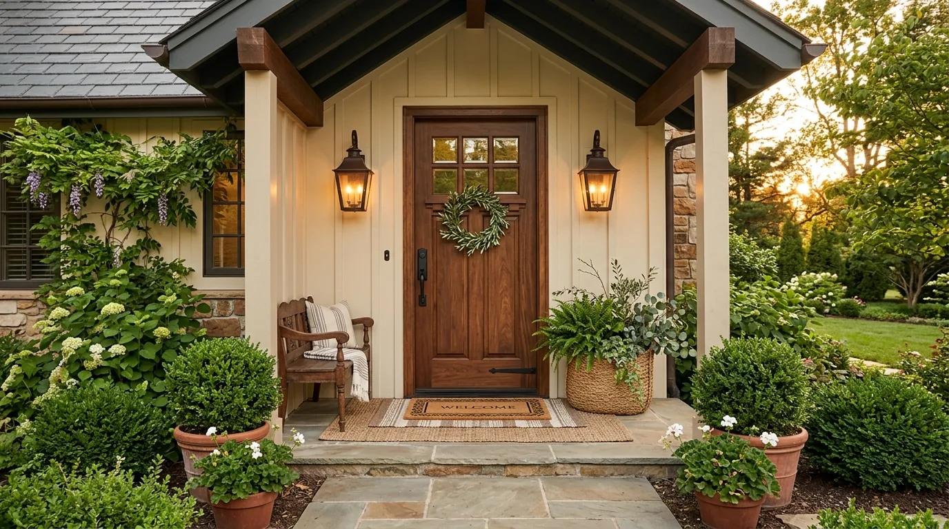 Covered porch entry with brick steps
