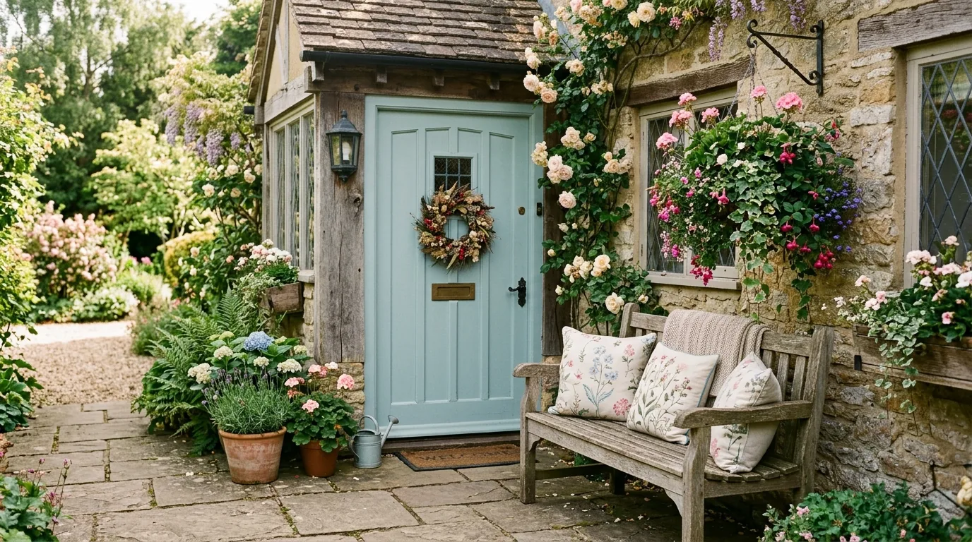 Coastal entryway with pale blue door and natural fiber runner