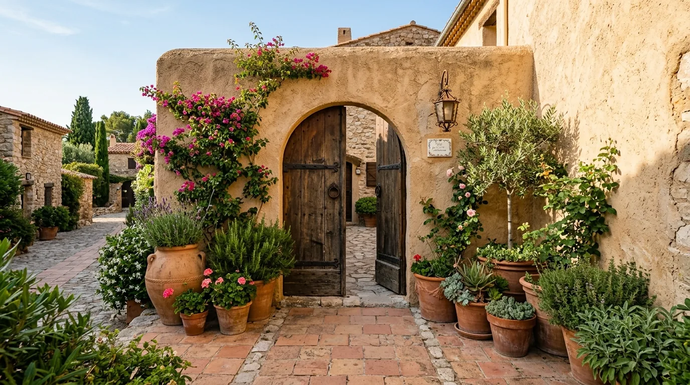 Stone exterior entry with black framed glass door and clipped shrubs