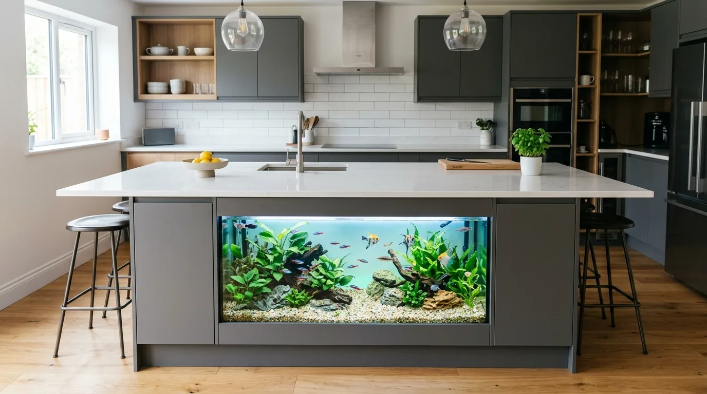 Home office corner with compact aquarium and pale oak cabinet base
