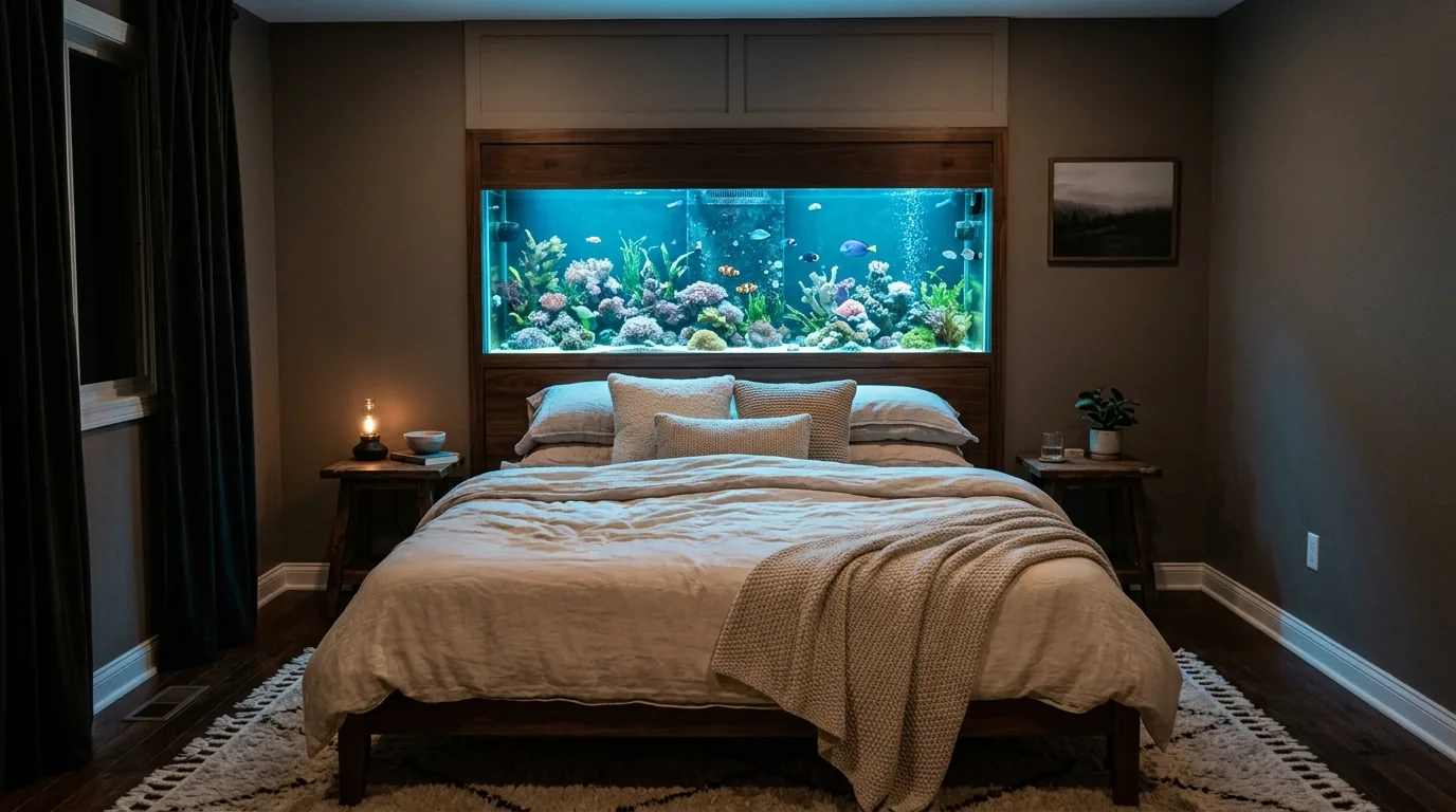 Entryway wall niche with integrated fish tank and soft accent lighting