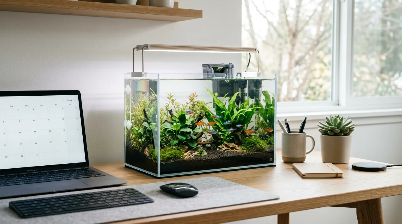 Minimal lounge with low aquarium divider separating seating zones