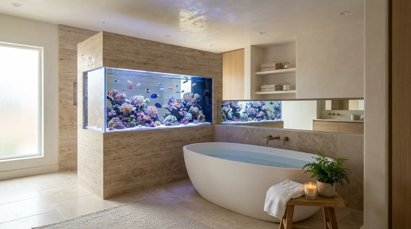 Family room with freshwater tank styled beside books and ceramics