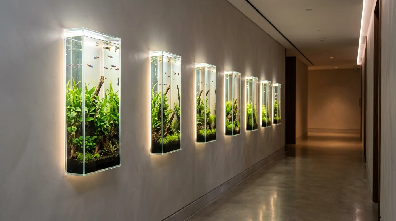 Luxury hallway with long built in aquarium and stone surround