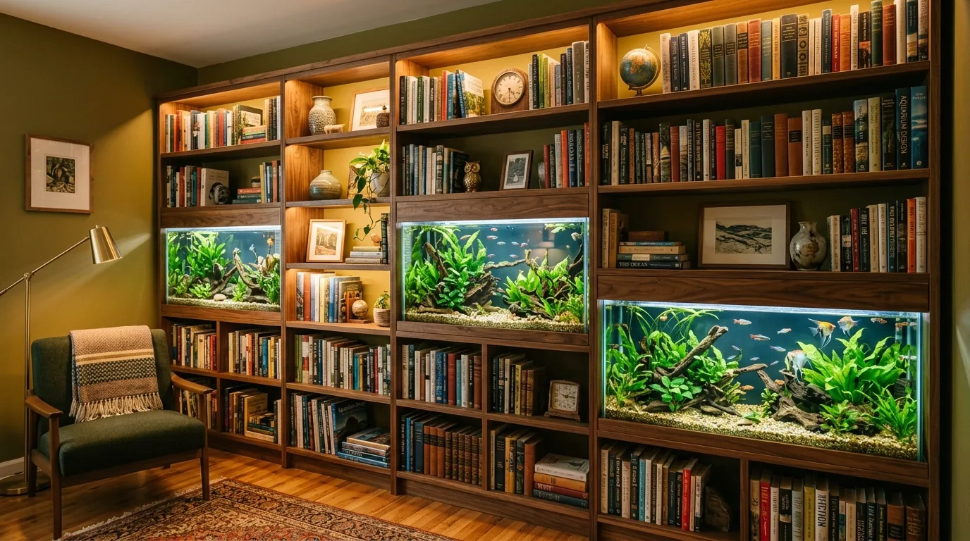 Small apartment tank on slim cabinet with concealed equipment storage