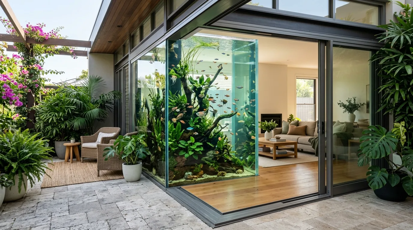 Coastal home with aquarium near woven textures and light woods